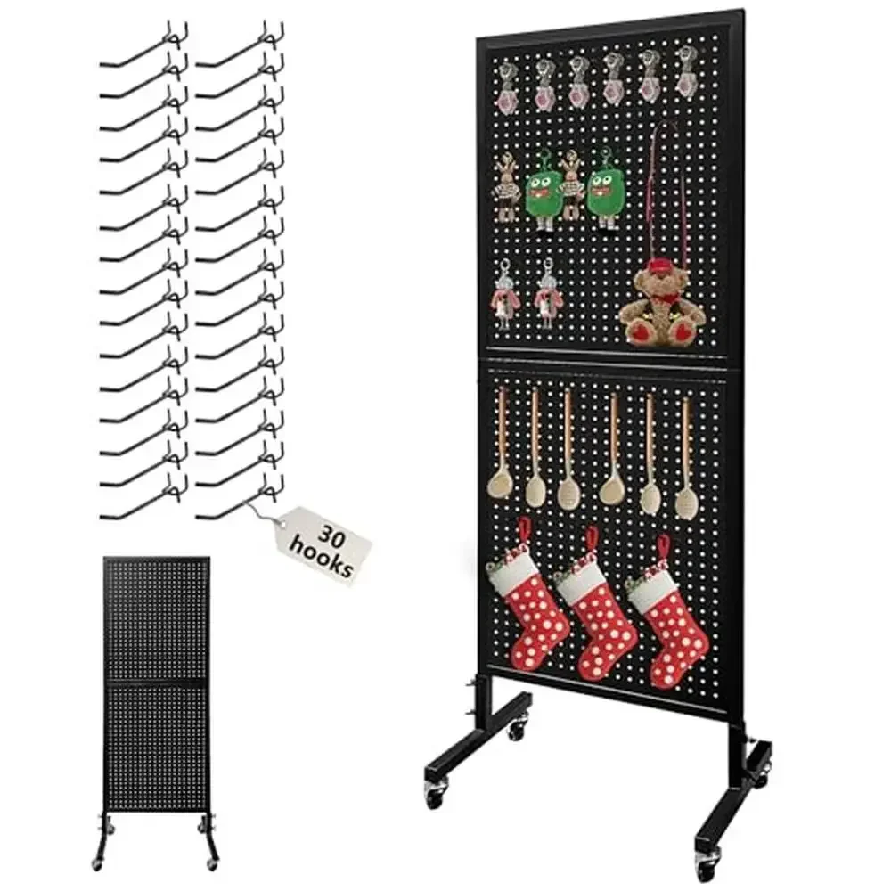 Metal Pegboard Display Stand with Wheels and 30 Hooks Durable Metal Panels Space Efficient Lockable Casters Ideal Garage Retail