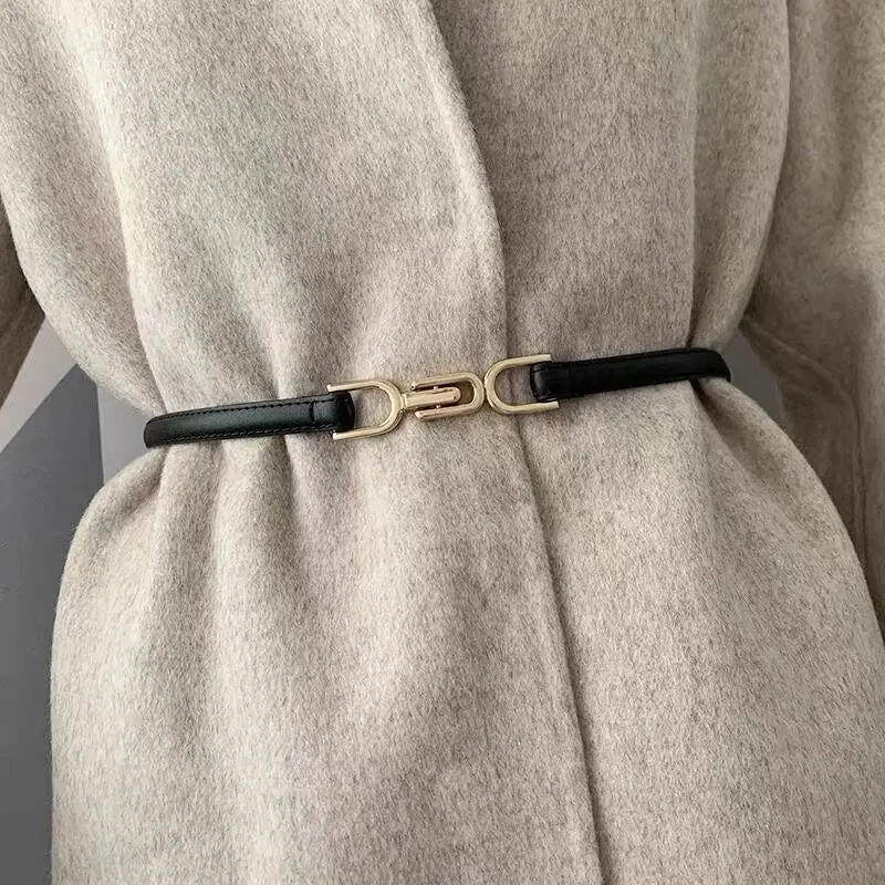 Fashionable Minimalist No-Hole-Punching Matte Buckle Adjustable Belt Thin Leather Belt for Women’s Dresses and Shirts in Black