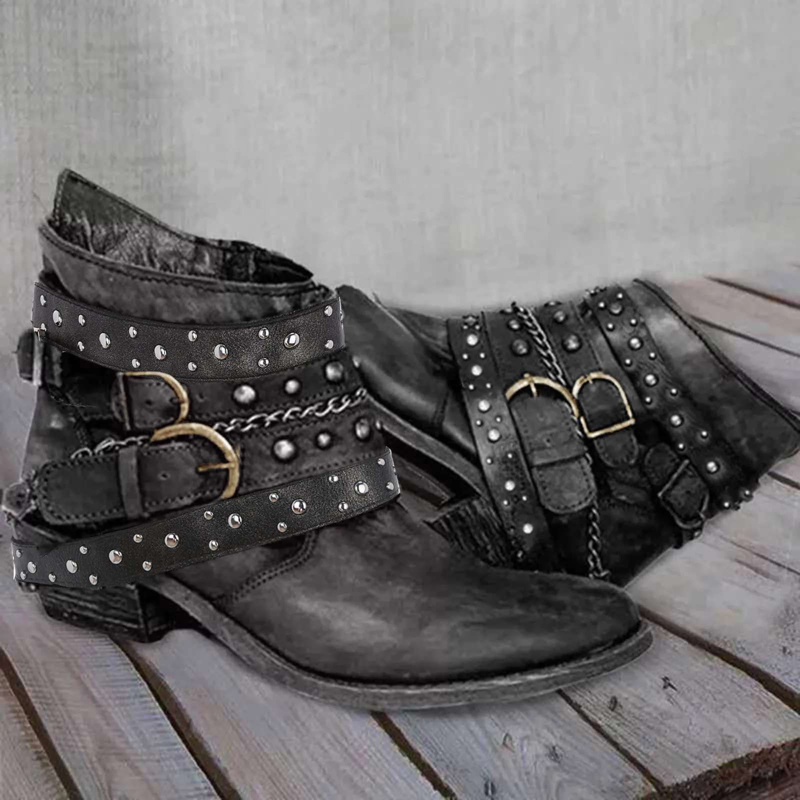 

2024 New Vintage Cool Cowboy Western Boots Woman Shoes Slip on Metal Rivet Chunky Heel Punk Ankle Boots For Women