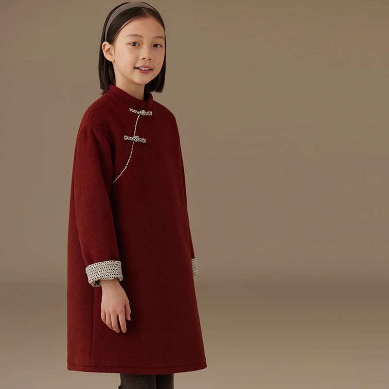 Female Child Clothes Fashion Girls Dresses Birthday 2024 Winter New Year Dress Children\'s Chinese Style Red Wool Dress Winter