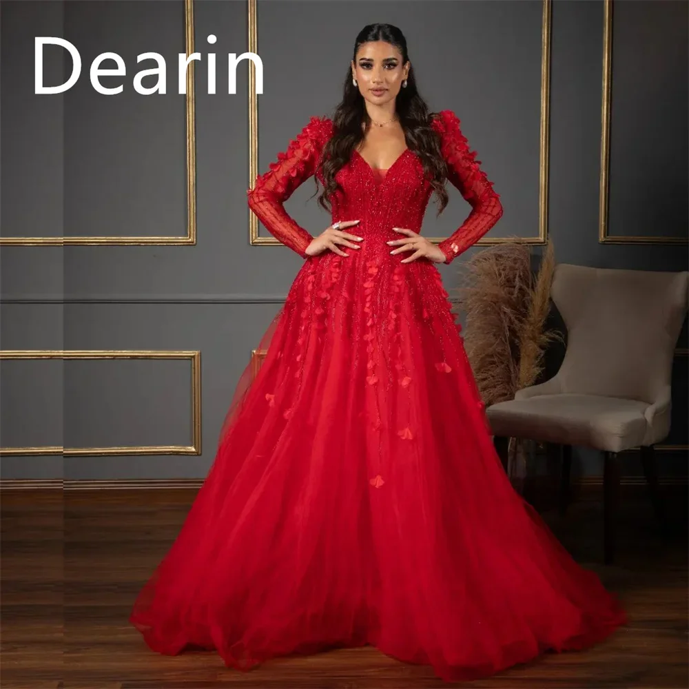 Customized Evening Gown Dearin V-neck A-line Floor Length Skirts Bespoke Occasion Dresses Saudi Arabia Formal Prom Dress