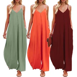 Women's Solid Color Fashionable Casual Suspender Wide Leg Jumpsuit Baggy Rompers for Women