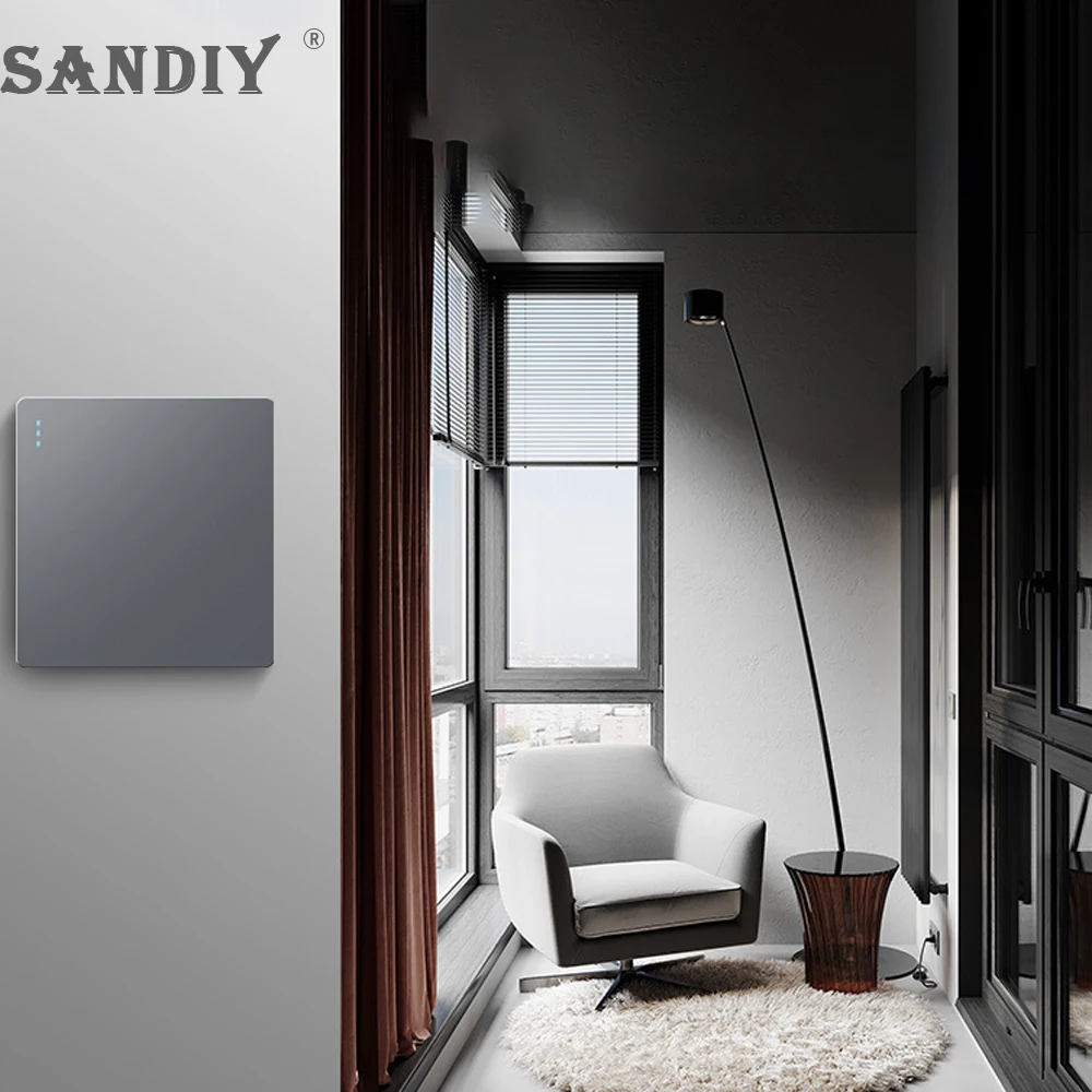 SANDIY Eu Us Standard Wall Switch 1/2/3/4 Gang 1/2 Way On/Off Power Lamp Switch Lighting Appliance Accessories 86*86 Gray Panel