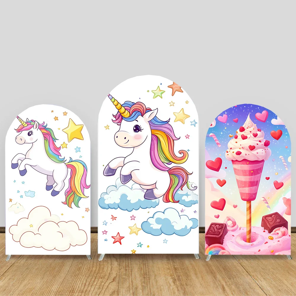 

Unicorn Girl First Birthday Party Chiara Arch Backdrop Rainbow Castle Cloud Glitter Background Princess Baby Show Photo