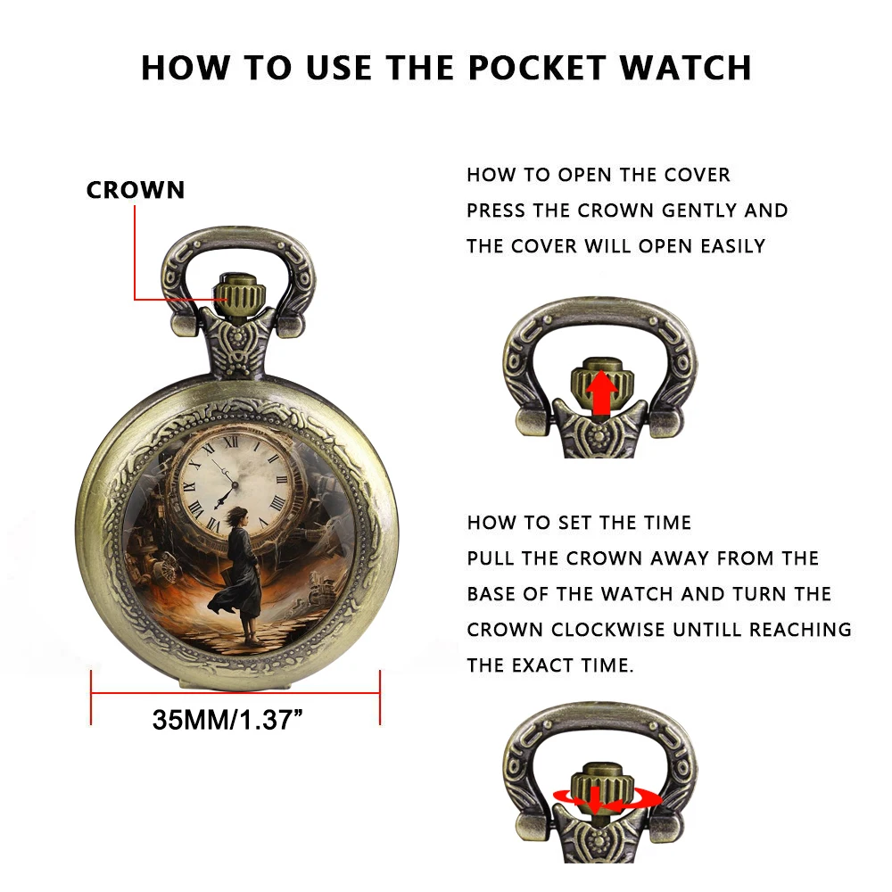 Bronze Quartz Pocket Watch for Women Men Unique Time Machine Design Vintage Clock Watches Chain Jewelry Pendant Gift
