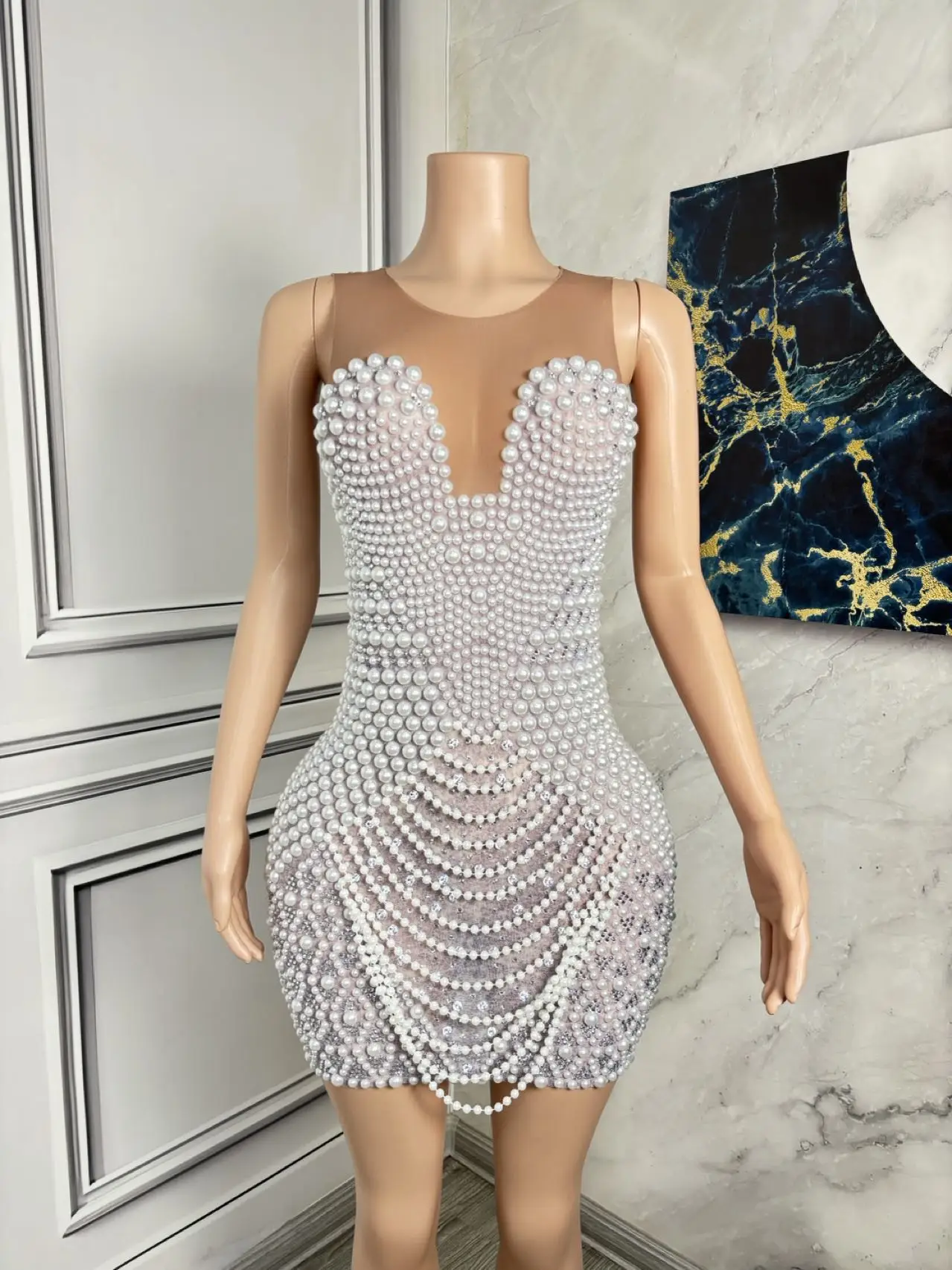 High-end White Pearls Elegant Dress Party Women Sexy Mesh See Through Night Prom Birthday Evening Dress Photo Shoot Wear Yizhu