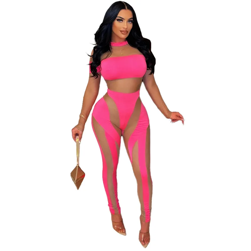 Neon Color Rompers Women Sexy Sheer Mesh Patchwork See Through Party Club Jumpsuit Summer Long Sleeve Outfit Fitness Overalls