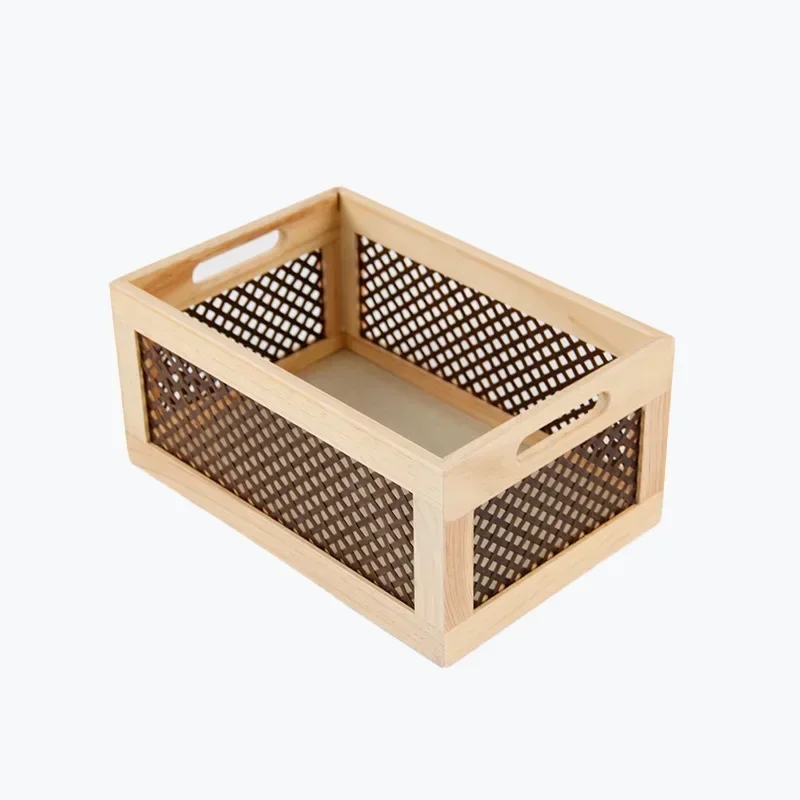 

Rectangle Solid Wood Storage Basket with Bamboo Net Desktop Toys Books Wooden Storage Box Home Organization and Decoration