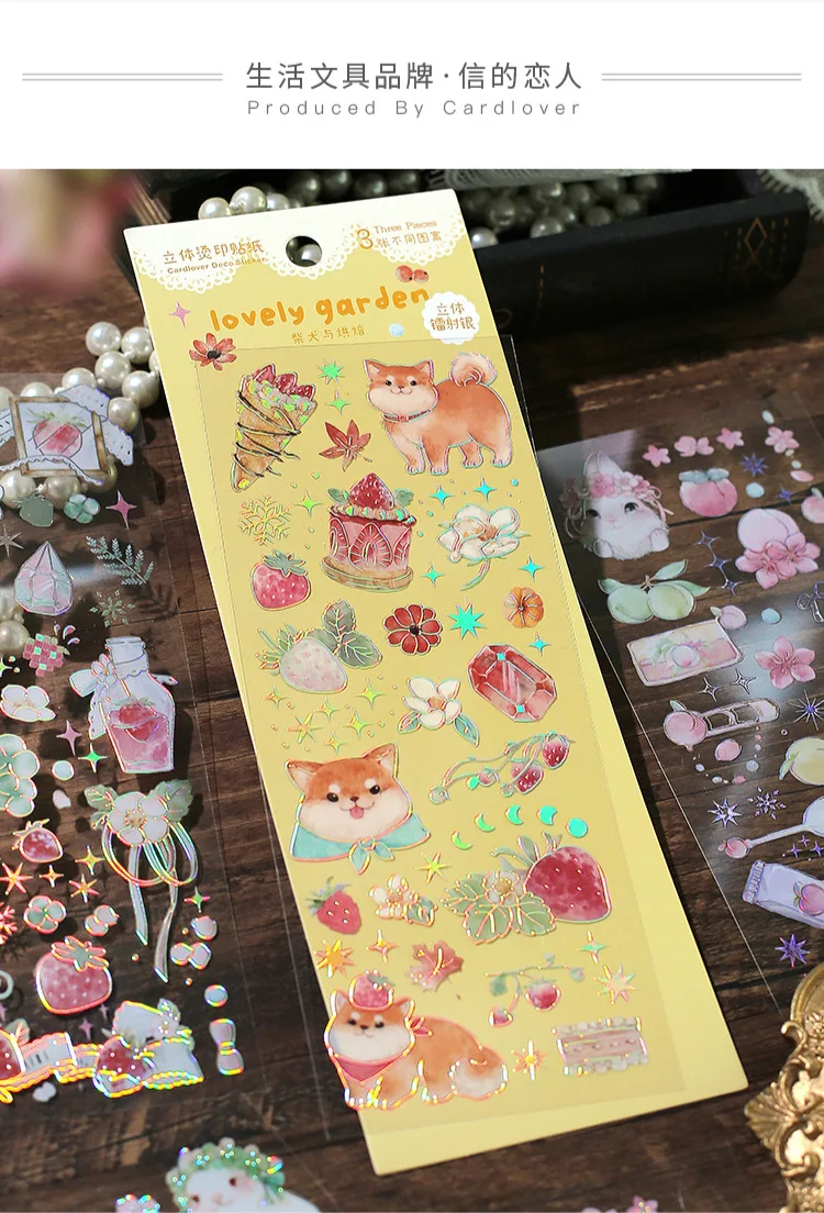 3 Sheets/pack Laser Bronzing PET Hot Stamping Jellyfish Cute Bear Dog Florals Transparent Decorative Stickers