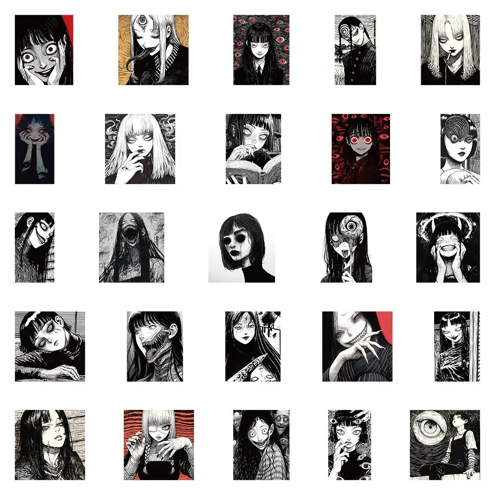 블랙 화이트 공포 스타일 소녀 만화 스티커, 어두운 그래피티 데칼, 여행 가방, 헬멧 노트북 방수 스티커 팩, 10 개, 30 개, 50 개