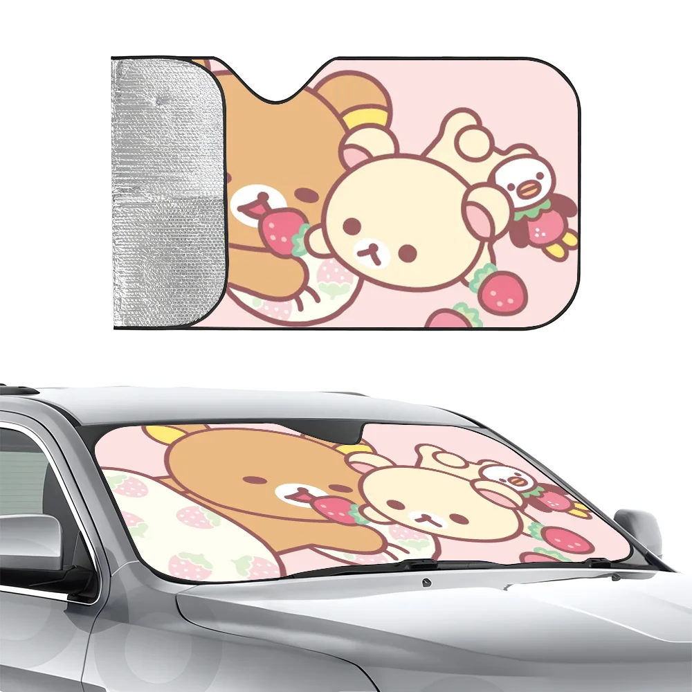 R-Rilakkuma Bear Car Sunshade Curtains Heat-insulating Aluminum Film Reusable Suction Cup Blocks UV Rays Car Sun Visor Protector