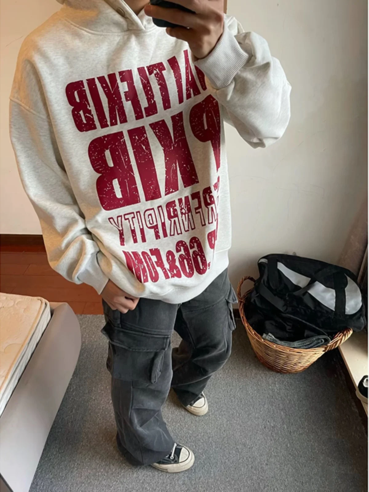 

Light ey Printed Hoodie for Men Autumn American Lazy Chic Jaet Trendy Heavyweight Hardwearing Hooded Sweatirt