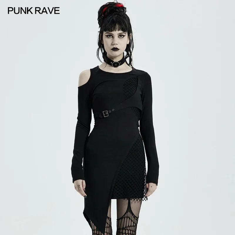 

PUNK RAVE Women's Punk Handsome Hollow Shoulder Long Sleeve Dress Fashion Cool Button Removable Collar Black Sexy Short Dresses