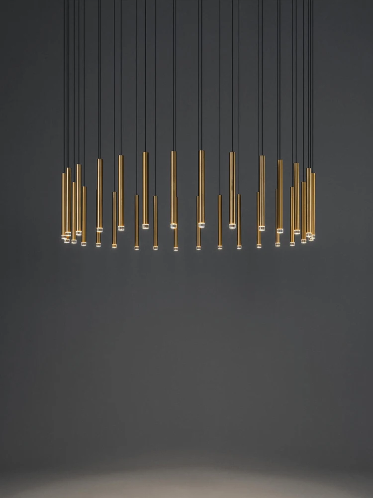 Golden Cylindrical Chandelier LED Minimalist Long Pendant Light Modern Living Room Island Lighting Villa Staircase Chandelier