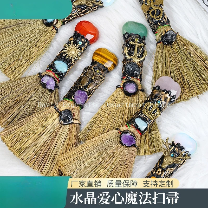 

Natural Crystal Heart Broom, Magic Broomstick, Gift for Witch Home Decor
