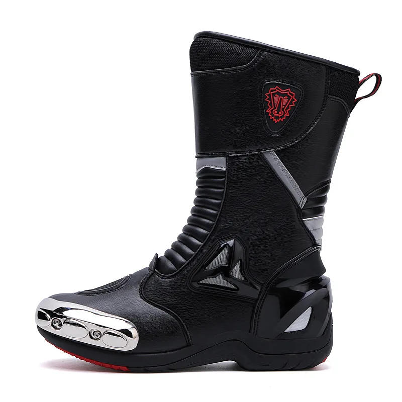 JG Wolf Men's Motorcyclist Boots Leather Breathable Motocross Boots Reflective Motorcycle Shoes Black Racing Shoes Anti-slip