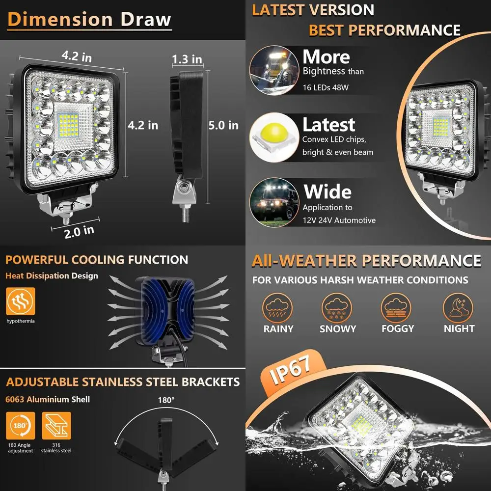 LED Tractor Work Lights, 4 Inch 120W 10000lm LED Pod Lights 12V 24V Cube Off Road Light Square for Service Tow Truck ATV UTV RV