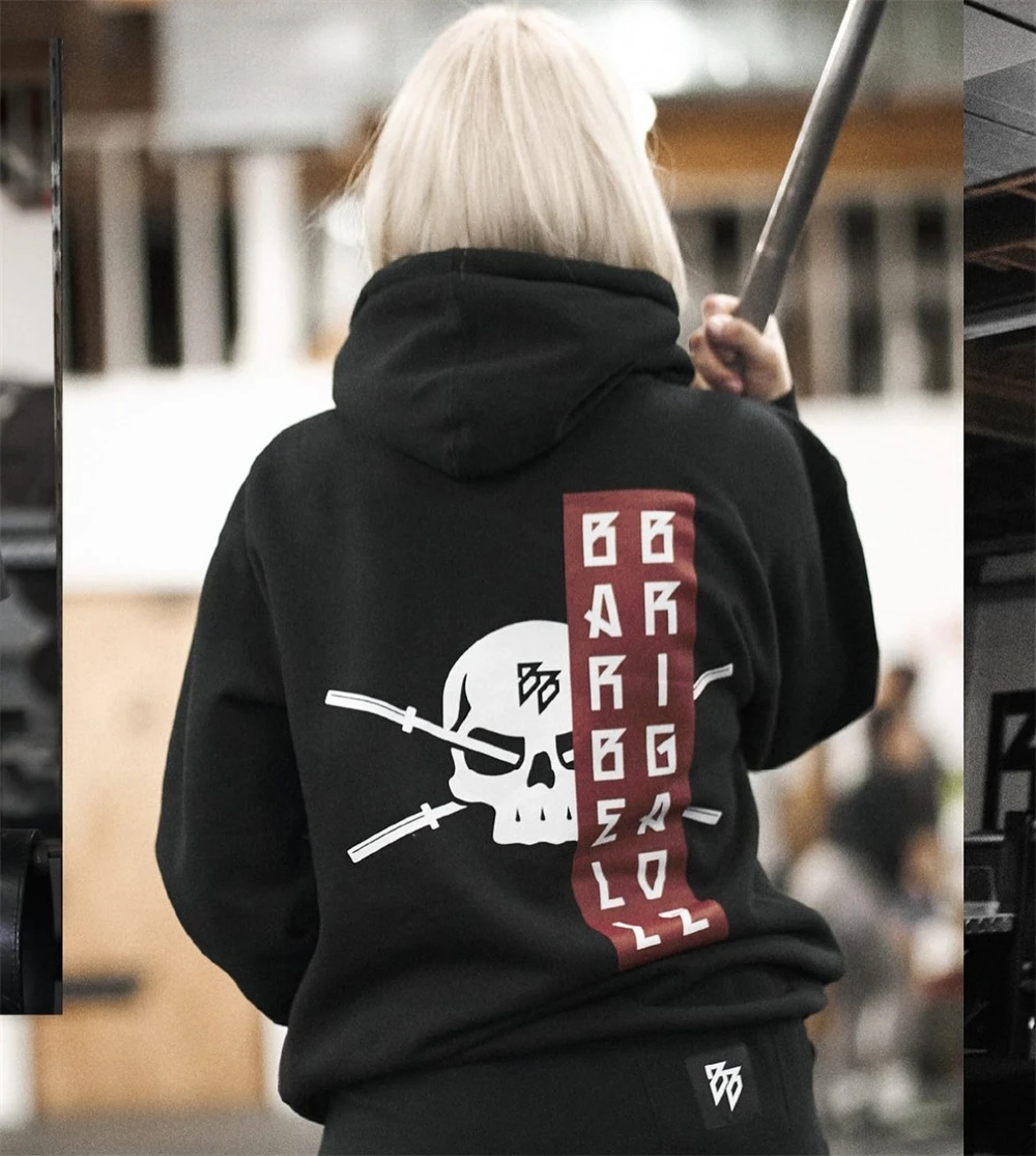 BARBELL BRIGADE Skull Print Hoodie Men Women Casual Hooded Sweatshirts Loose Cotton Hoodies Streetwear High Street Mens Pullover