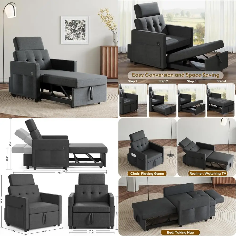 سرير كرسي أريكة 3 في 1 قابل للتحويل مع سرير مفرد قابل للسحب، مسند ظهر قابل للتعديل، قماش كتان لراحة غرفة المعيشة #1