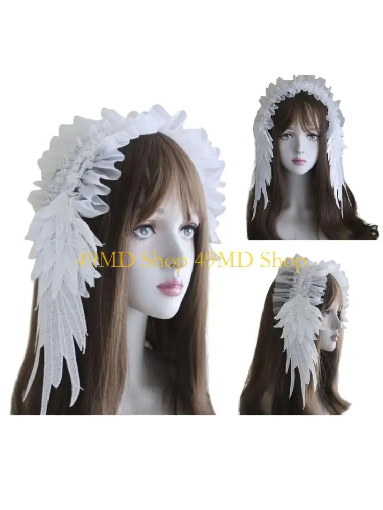 

49MD Sweet Anime Hairband with Angel Wing Lace Ruffle Trim Headwrap for Cosplay