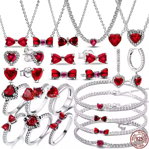 Classic Shiny Red Jewelry 925 Sterling Silver Exquisite Heart-shaped Bowknot Ring Necklace Bracelet Women's Jewelry Party Gifts