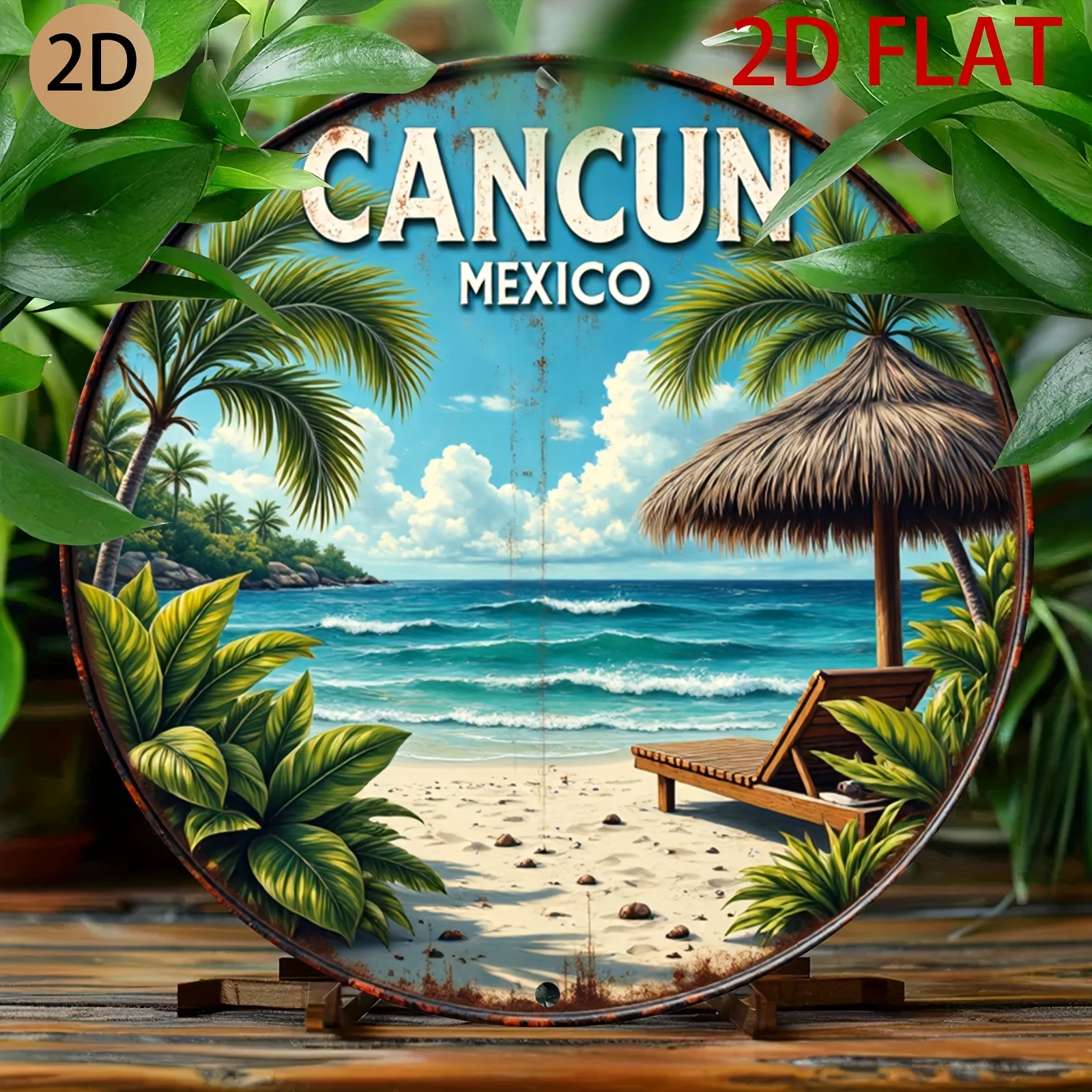 2D plane Circular Cancun Mexico tin metal sign retro beach themed wall art for home bar or tropical styled room, 2D Flat, Perfec