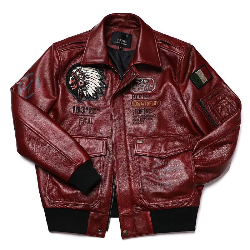 2024 New Indian Embroidery A2 Flying Pilot Suit Genuine Leather Jacket Men\'s Cowhide Aviator Jackets 100% Red Clothing