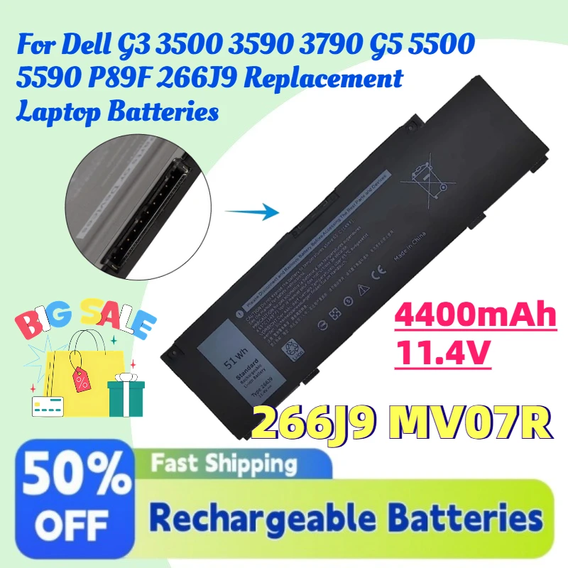 High-Quality 4400mAh 266J9 MV07R 11.4V Battery for Dell G3 3500 3590 3790 G5 5500 5590 P89F 266J9 Replacement Laptop Batteries