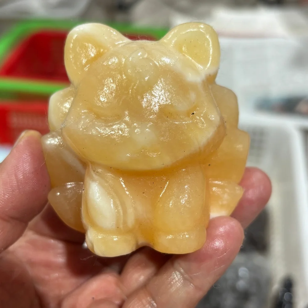 Yellow Calcite Nine-tailed Fox Animal Quartz Carving Polished Natural Healing Figurine Home Decor Animal Craft Gift