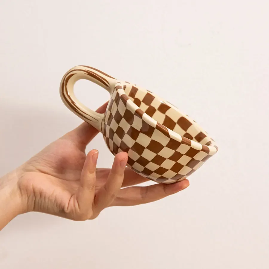 220ml Ceramic Coffee Mug with Wrench Spanner Handle, Grid Coffee Mug for Coffee, Milk, Tea, Smoothies