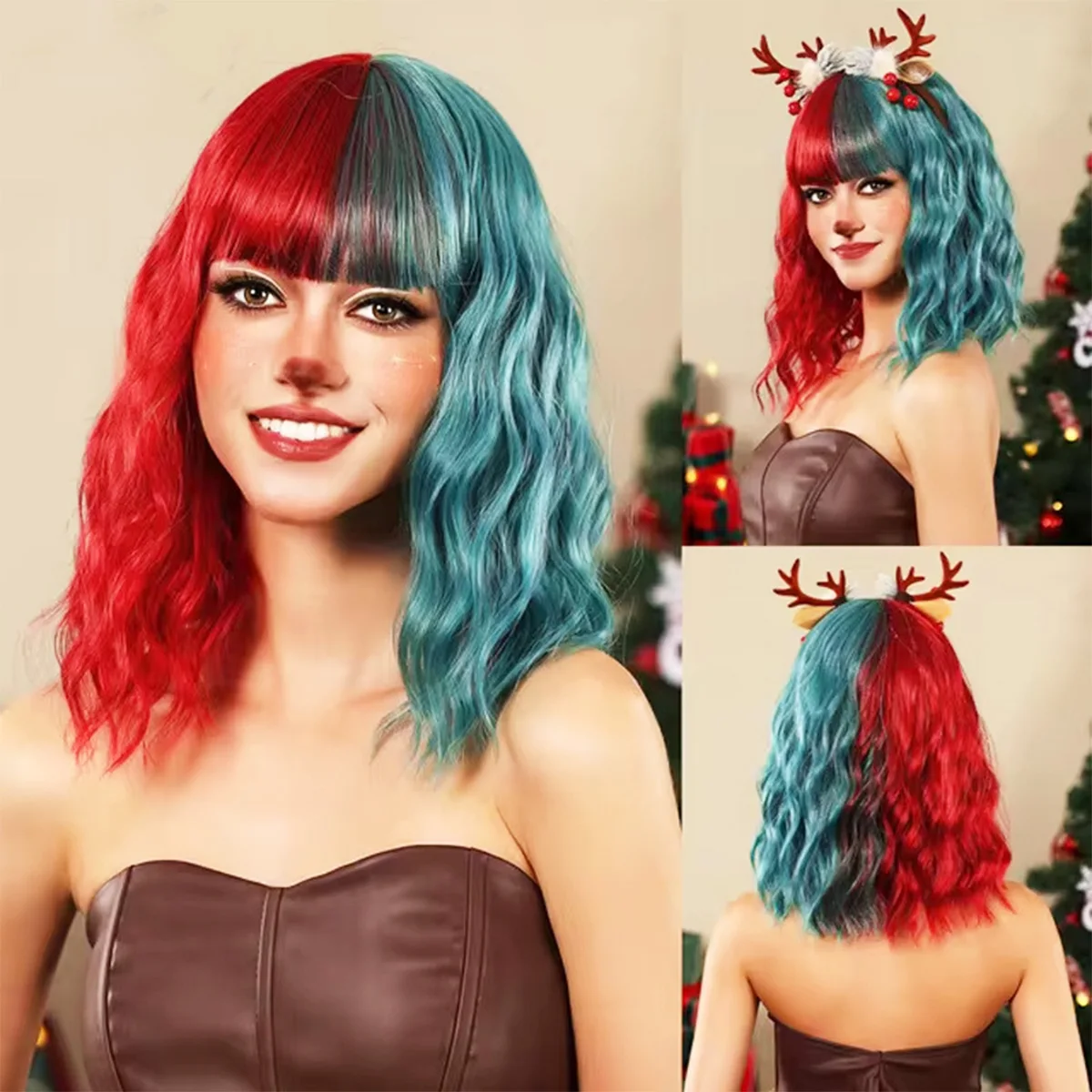 

Synthetic bob head wig natural wave short curly female holiday red lake blue two-color heat-resistant wig cosplay hairstyle