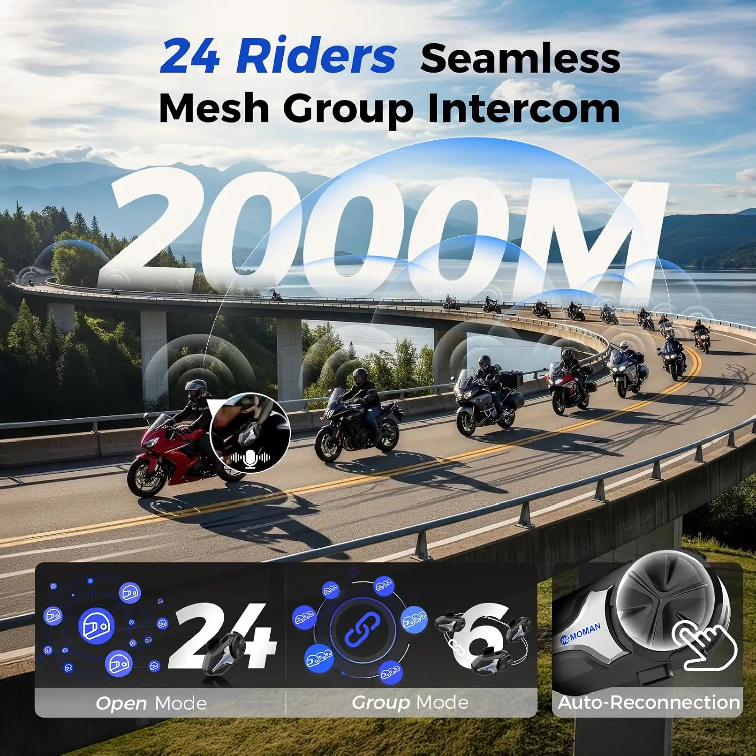 Moman Motorcycle Bluetooth Helmet Headset Intercom 1000mAh MOTO Communicator 2000m Interphone for 24 Riders IP65 Waterproof