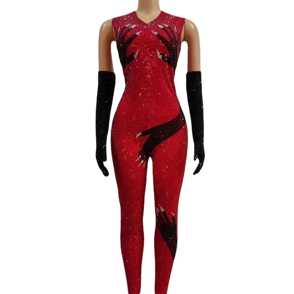 Show Girl Outfit   Luxurious Rhinestones Jumpsuit Gloves Set Women Evening Party Birthday Outfit Singer Dancer Performance Dance