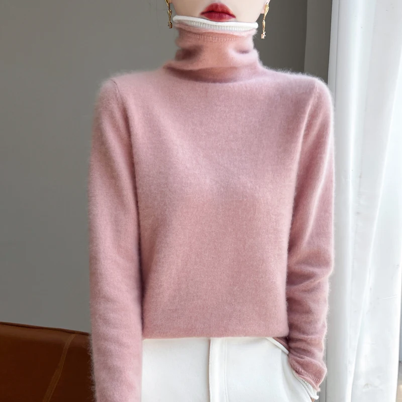 

100% Wool Sweater Fake Two Piece Top Women Turtleneck Long Sleeve New Knitted Autumn Winter Casual Loose Warm Female Pull Jumper