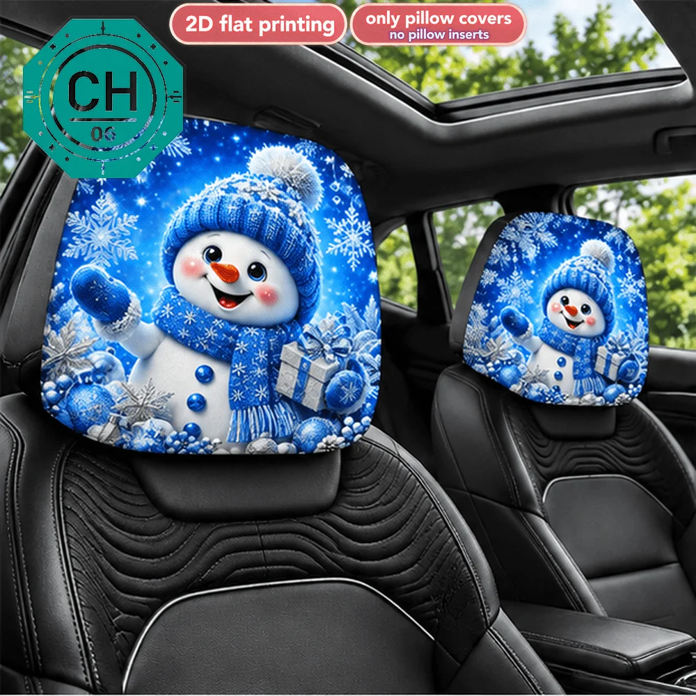 2pcs, 2D Flat Print, Blue Snowman, Knitted Hat and Scarf, Cute Joyful Face Expression, Adorable Cartoon Style, Snowflake