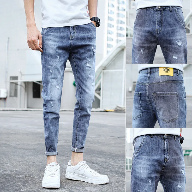 Wholesale 2021 Fashion Denim Jeans Men's Summer Thin Korean Elasticity Slim Feet Broken Holes Casual Brand Pencil Pants Men