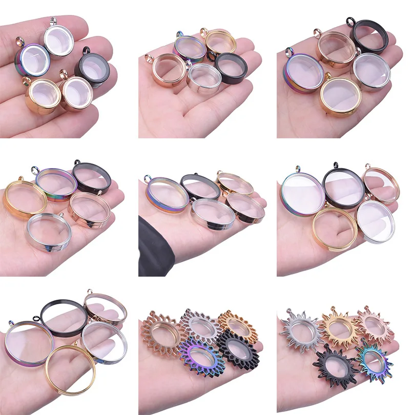 5PCS 14/19/24/29/34/39/44mm Floating Glass Locket Living Memory Charms Stainless Steel Photos Coin Flower Holder Locket Pendants