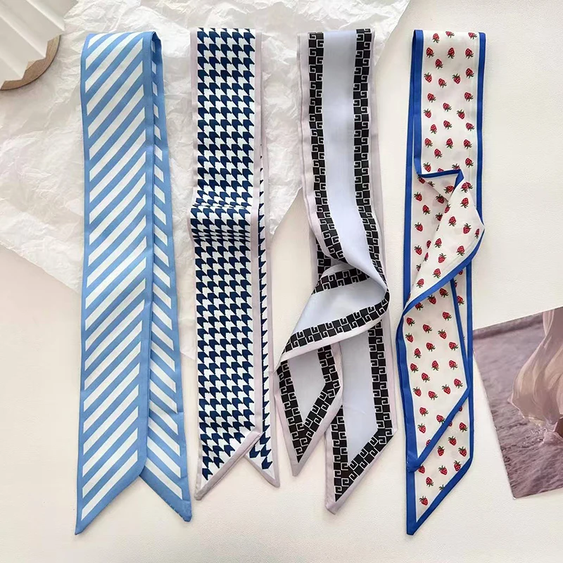

Women Narrow Long Scarf Print Pattern Chiffon Silk Rubber Tie Black Bag Ribbon Headbands Choker Streamer Hair Band Small Scarf