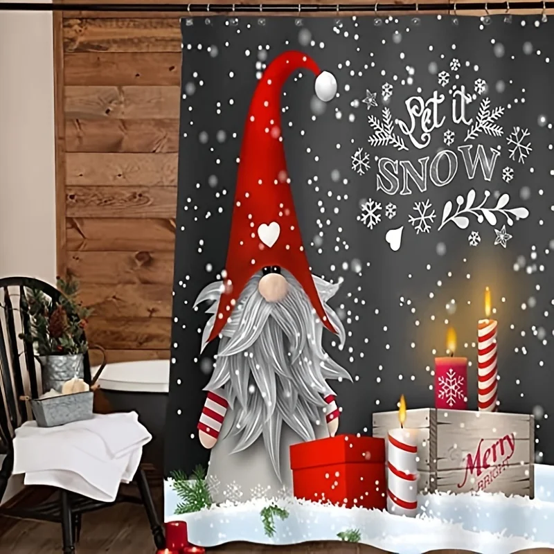 Christmas Shower Curtain Let It Snow Gnome Waterproof Fabric Bathroom Decor Xmas Santa Snowflake Bath Screen With Hooks