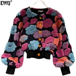 [EWQ] Sweet Long Sleeve Single Breasted Short Jacket Retro Three-dimensional Flower O Neck Clothing 2024 Winter New 6 Color Coat