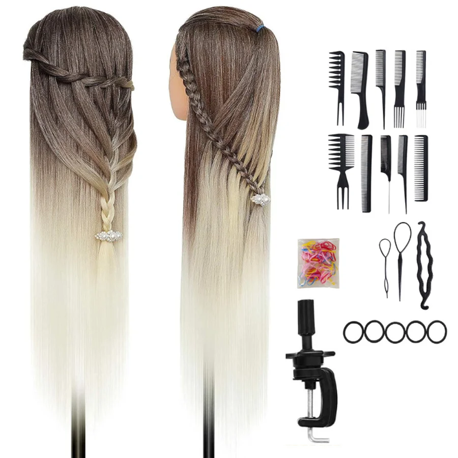 28inch Mannequin Head with Hair Ombre Brown Blonde Hairdressing Training Head for Braiding Styling Practice with Table Clamp