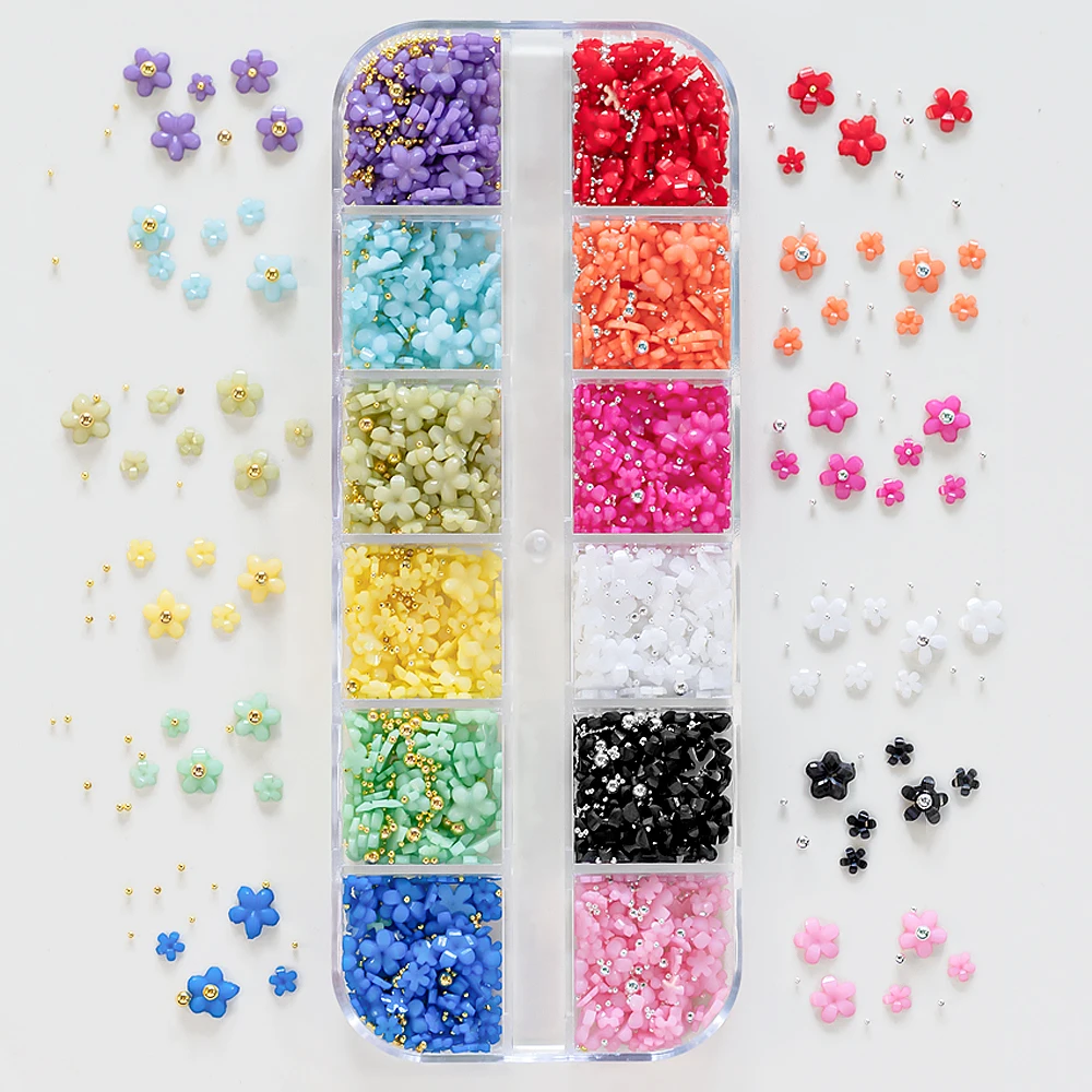 Boîte de 12 grilles de fleurs acryliques colorées, décoration 3D pour ongles, taille mixte 1/2/3/6mm, perle en acier pour manucure