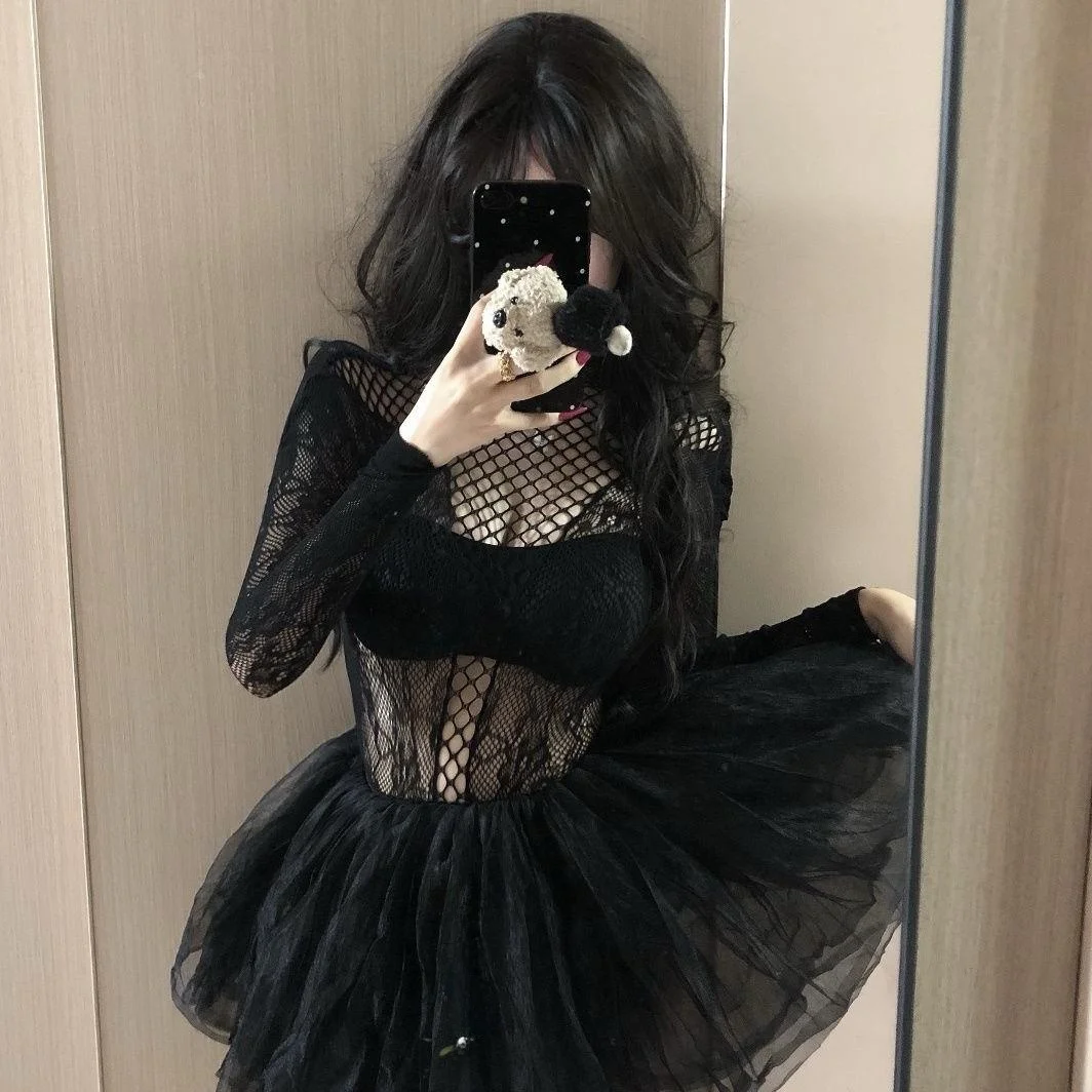 

Сексуальный комбинезон для ночного клуба с вырезами, длинными рукавами, прозрачный топ, черный, в стиле Gogo Girl, ретро, для сценических выступлений