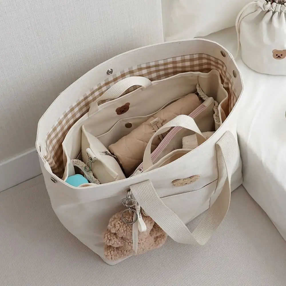 Canvas Bucket Handbags Casual Large Capacity Bear Embroidery Stroller Hanging Bag Korean Style Tote Bag Women Top-Handle Bags