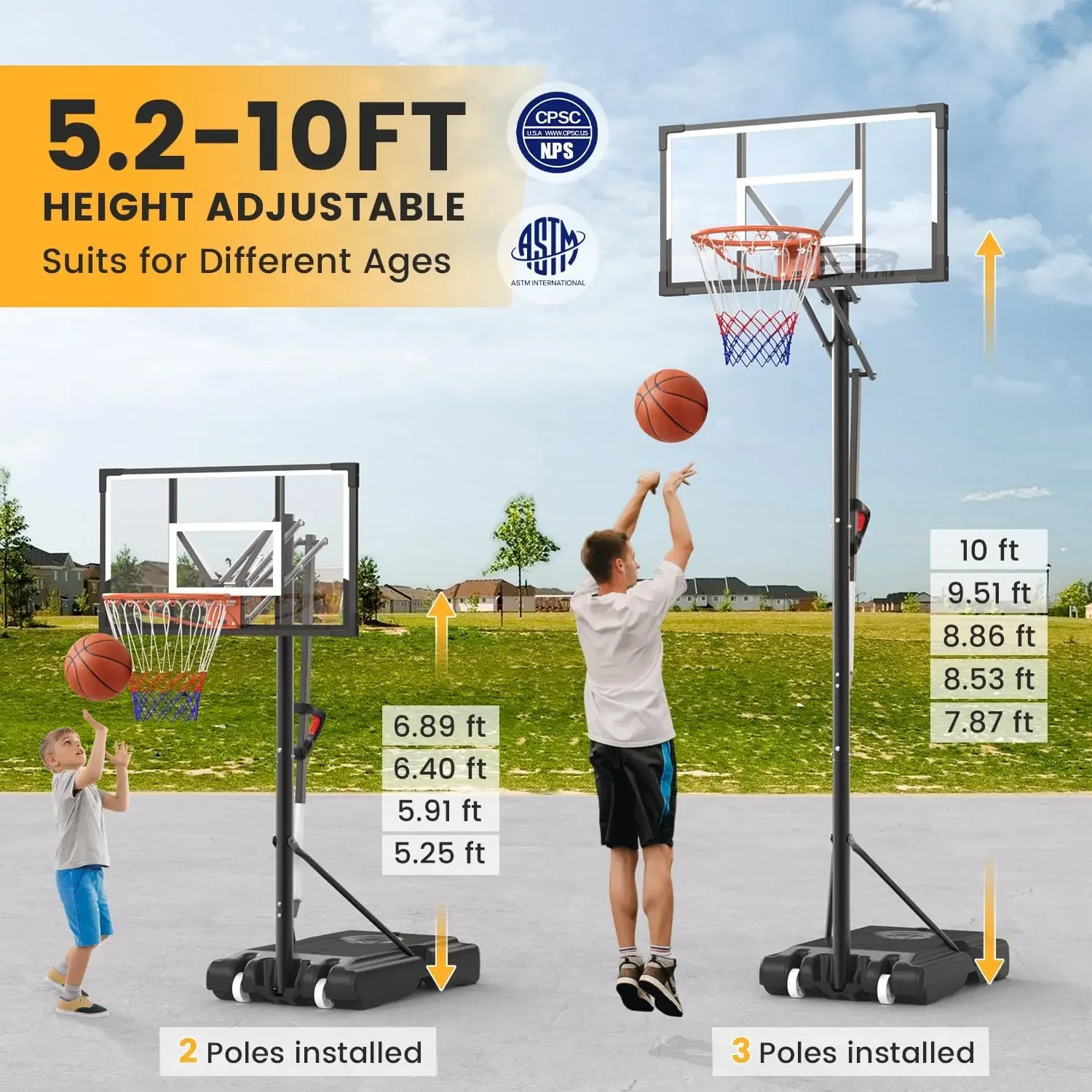 Basketbalring Outdoor 10 FT in hoogte verstelbare basketbaldoelsystemen Draagbaar met 44" bord en wielen voor jeugdkwassenen