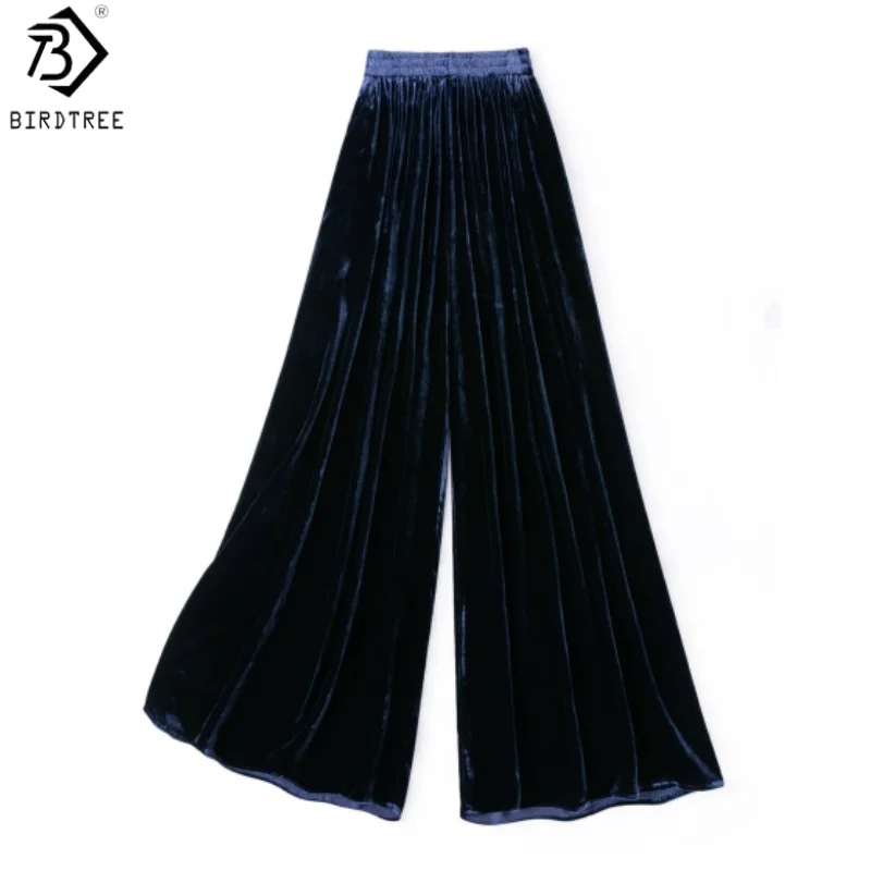 Birdtree, Silk Blended Velvet Wide Leg Pants, Women's Casual Solid Trousers, Elastic Waist, 2026 Autumn Loose Pants P68920JF