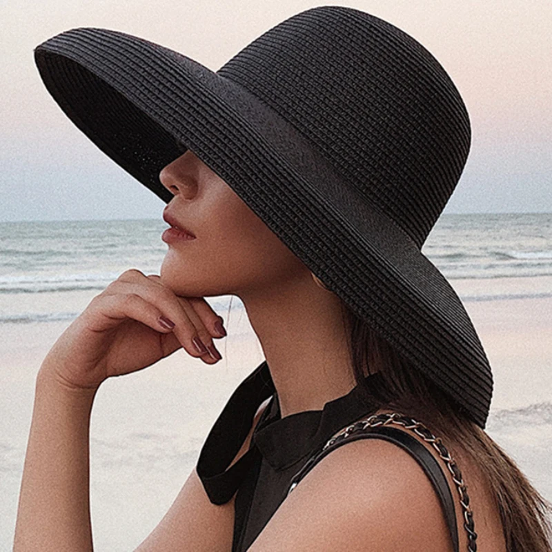 2024 New Summer Sun Hats Ladies Solid Plain Elegant cappello a tesa larga femminile Round Top Panama Floppy cappello da spiaggia di paglia donna