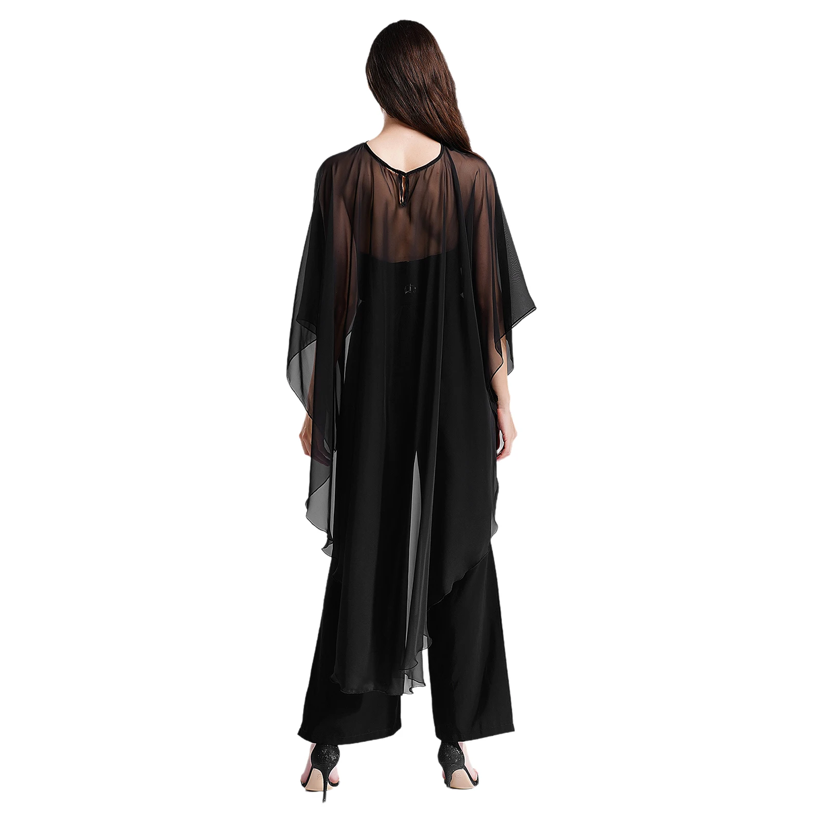 Women\'s Chiffon Shrug Sheer Cardigans Cover-Ups Round Neck Batwing Sleeve See-Through High Low Hem Shawl Tops Beachwear Coat