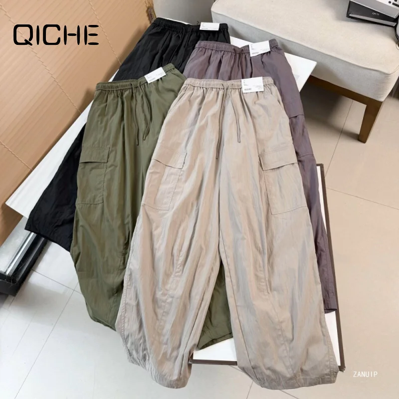 QICHE Unisex Couples Regular Fit Vintage Parachute Cargo Pants Men Women Multi Large‑Pocket Loose Casual Street Daily Trousers