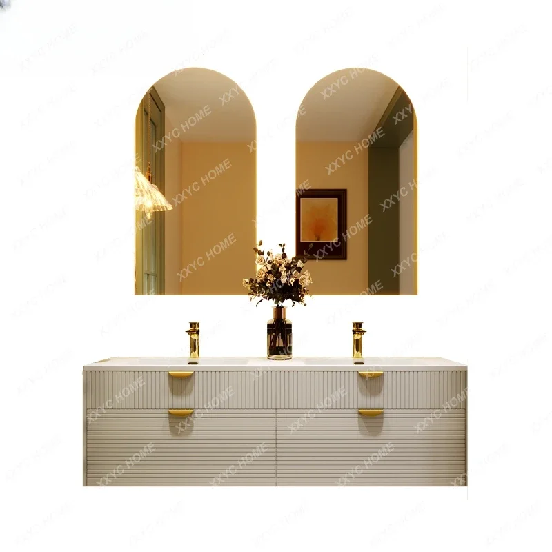 

French Cream Bathroom Cabinet Combination Stone Plate One Artificial Stone Seamless Bathroom Table Hand Washing